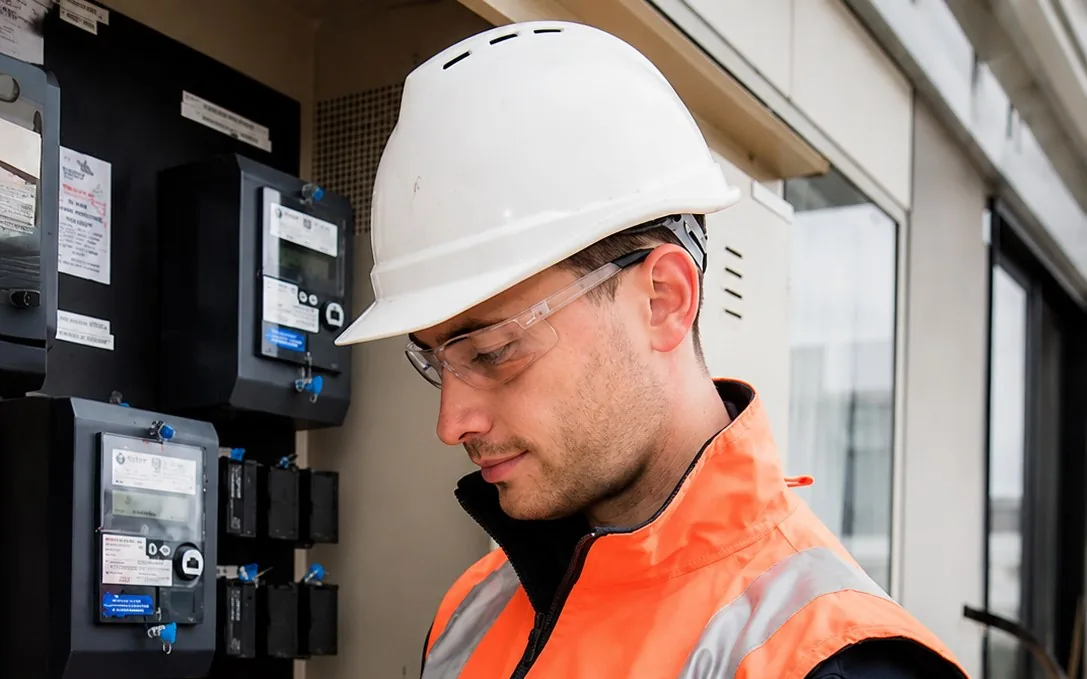 Kombine electrician working on an electrical meter board