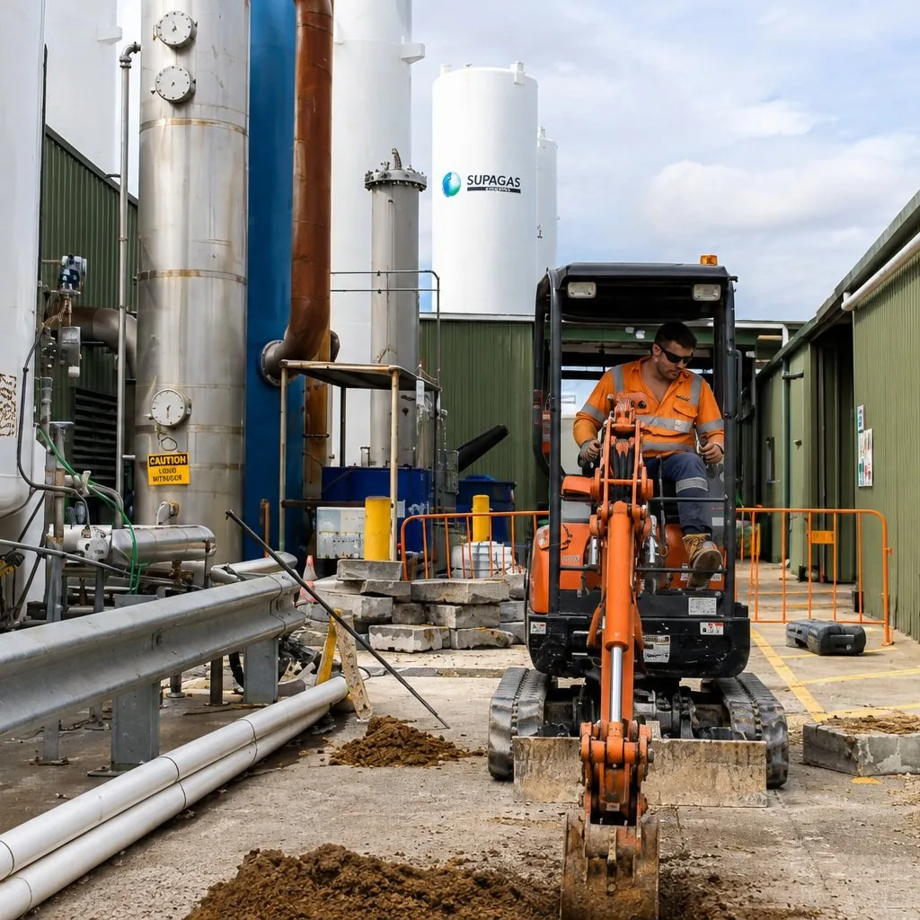 Kombine excavator operator working on-site at an industrial gas facility